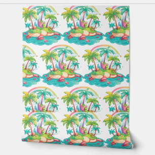 Papier Peint Île tropicale avec palmiers et arc-en-ciel