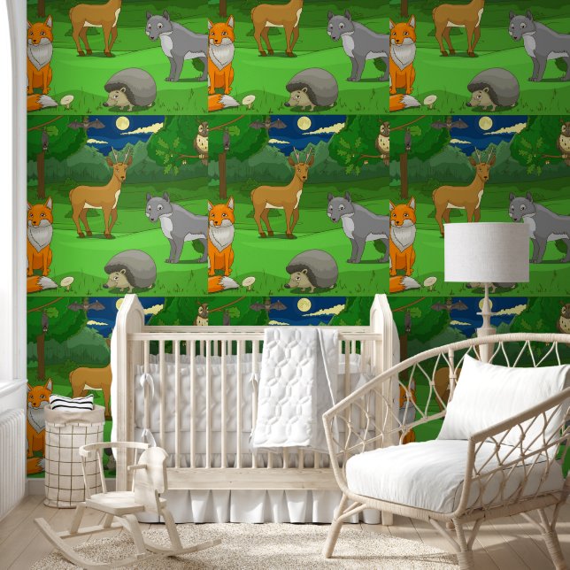 Papier Peint Illustration Animaux de la forêt Renard Loup Cerf (Enfants)