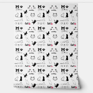 Papier Peint Illustrations De Chats Et De Pâtes Noirs Et Blancs