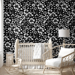 Papier Peint Impression fleurs feuilles qui soufflent noir blan