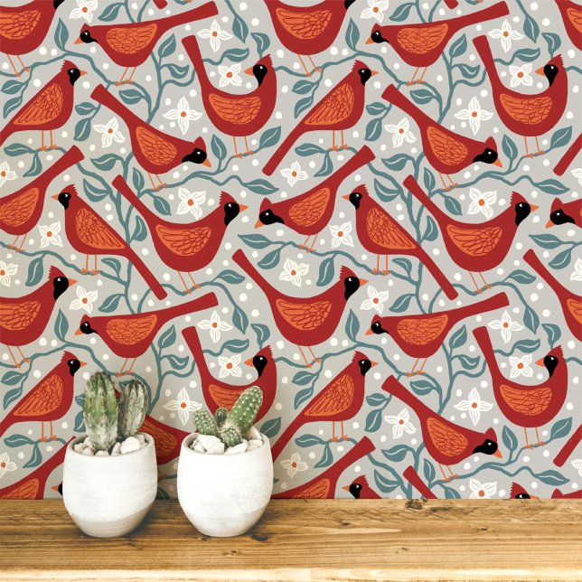 Papier Peint Impression sur bloc de Cardinal Bird Cornouiller d (Northern red cardinal American dogwood bird flower block print arts and crafts style wallpaper)