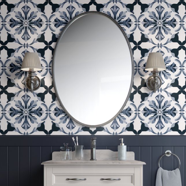 Papier Peint Indigo Floral Elegance Marine & Grey Pays Français (Timeless Indigo Floral Tiles Peel and Stick Wallpaper)