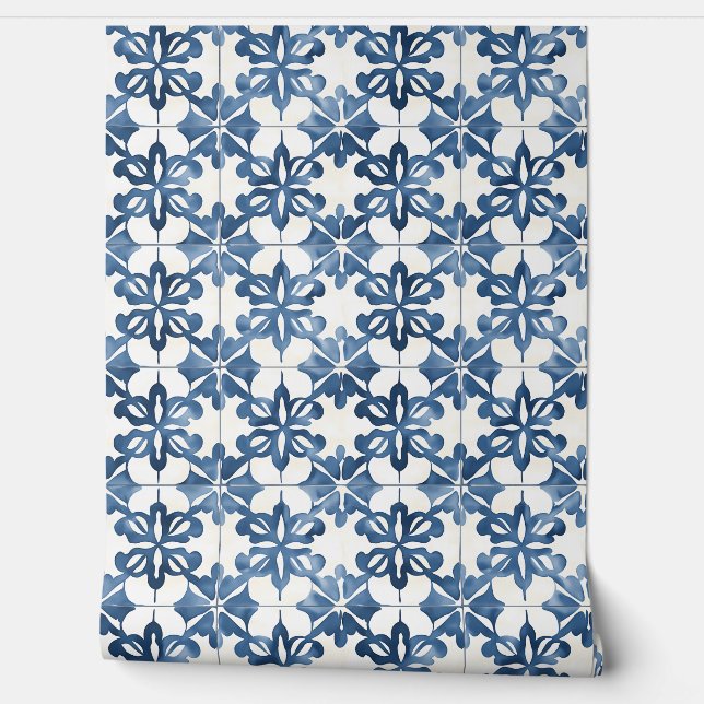 Papier Peint Indigo Floral Medley Petite - Bleu et crème (Déroulement)