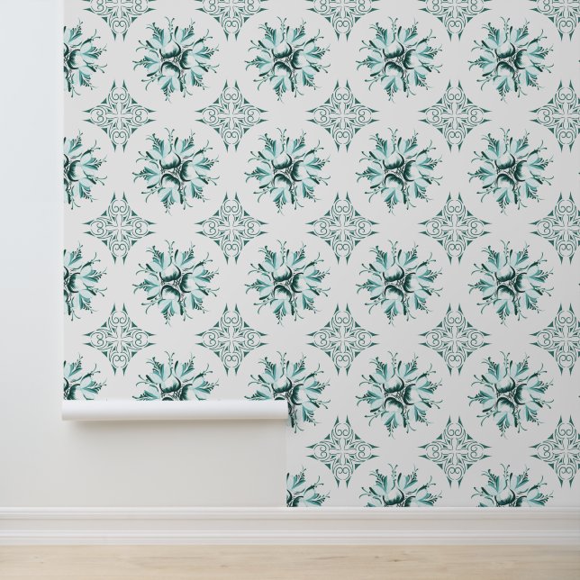 Papier peint Inky Floral | Blanc vert Turquoise (Application)