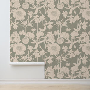 Papier Peint Jardin aux lignes et fleurs tropicales.