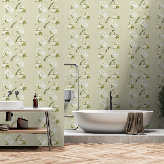 Papier Peint Jardin blanc Gardenia Rose Fond Gris Pastel Motif (Salle de bain)