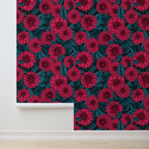 Papier Peint Jardin de dahlias rouges/feuilles bleues