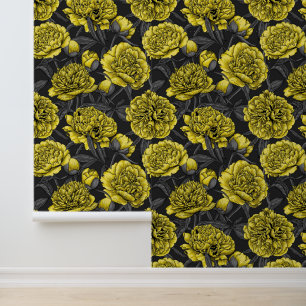 Papier Peint Jardin de pivoine nocturne en jaune et gris