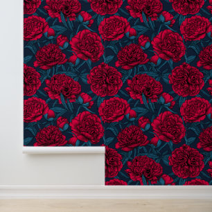 Papier Peint Jardin de pivoine rouge sur bleu foncé