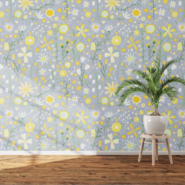Papier Peint Jardin fleur sauvage Bleu Jaune Floral (Wildflower floral white yellow duck egg blue gray  art wallpaper)