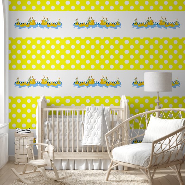 Papier peint jaune et blanc à pois Canards (Enfants)