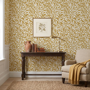 Papier Peint Jaune Moutarde et Branche de Saule Blanc