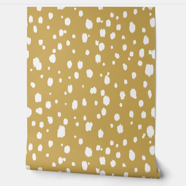 Papier Peint Jaune Moutarde et Points Abstraits Blancs (Déroulement)