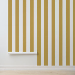 Papier Peint Jaune Moutarde et Rayures Verticales Blanches Gras