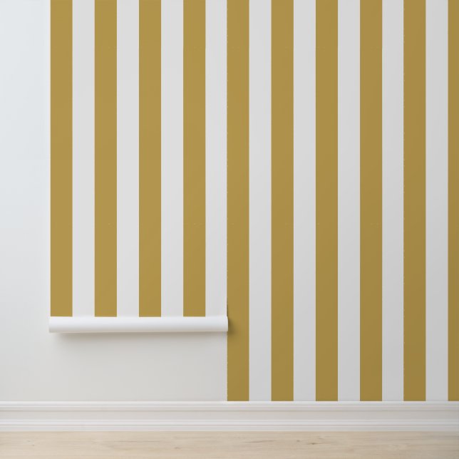 Papier Peint Jaune Moutarde et Rayures Verticales Blanches Gras (Application)