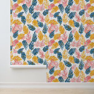 Papier Peint Jaune rose et bleu Palme tropicale Feuille été
