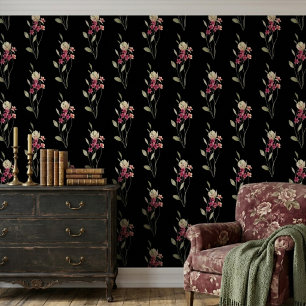 Papier Peint Joli motif floral aquarelle fantaisiste noir