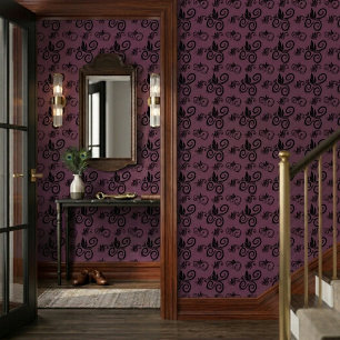 Papier Peint Joli motif floral noir vintage mauve foncé