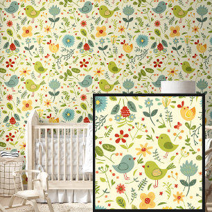 Papier Peint Jolies fleurs printanières Oiseaux verts sur jaune