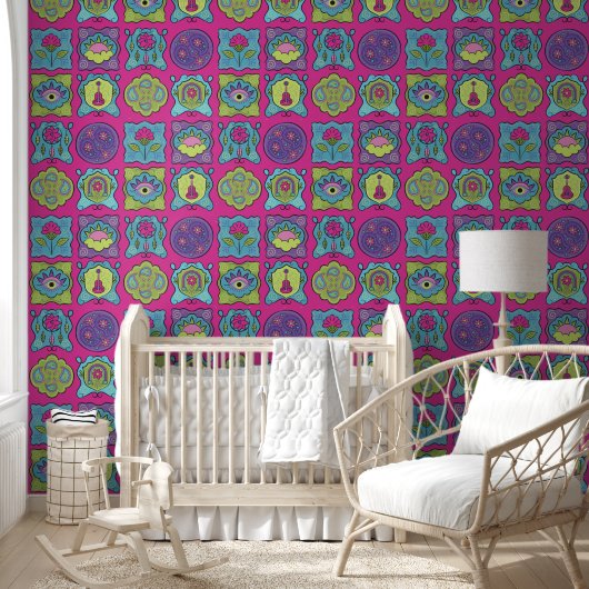 Papier Peint Joyau Whimsical Tons main dessiné Boho rose foncé (Enfants)
