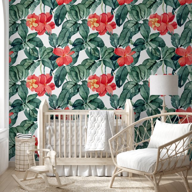Papier Peint jungle de fleurs tropicales paradis hawaïen feuill (Enfants)