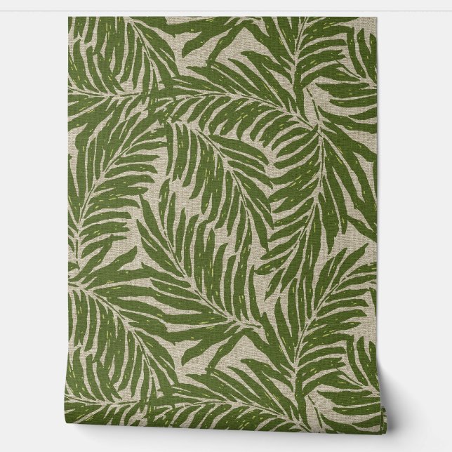 Papier Peint Kahanu Palms Hawaiian Faux Linen Texture - Olive (Déroulement)