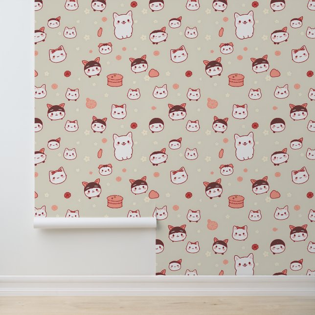 Papier Peint Kawaii Chat fait face Motif avec des vaches et des (Application)