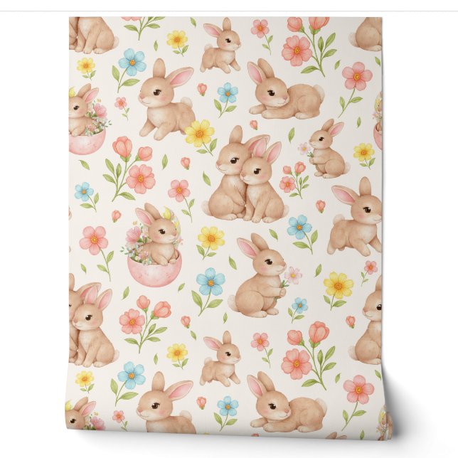 Papier Peint Lapin aquarelle mignon et motif floral de printemp (Déroulement)
