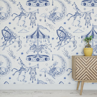Papier Peint Lapin céleste fantaisiste Toile de Jouy bleue