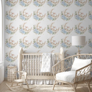 Papier Peint Lapin de Pâques endormi Lune Bleue Fleurs Nursery