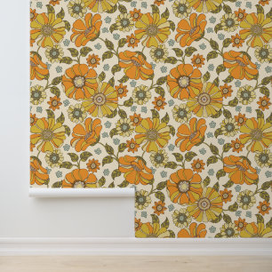 Papier Peint Les années 70 Floral Orange Gold Motif