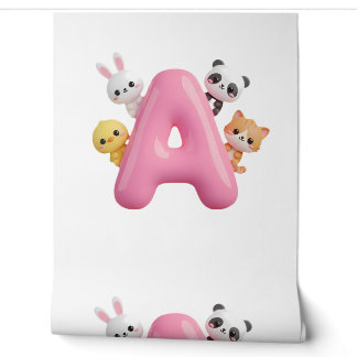 Papier peint Lettre A Ballon Rose 3D Forêt Animaux