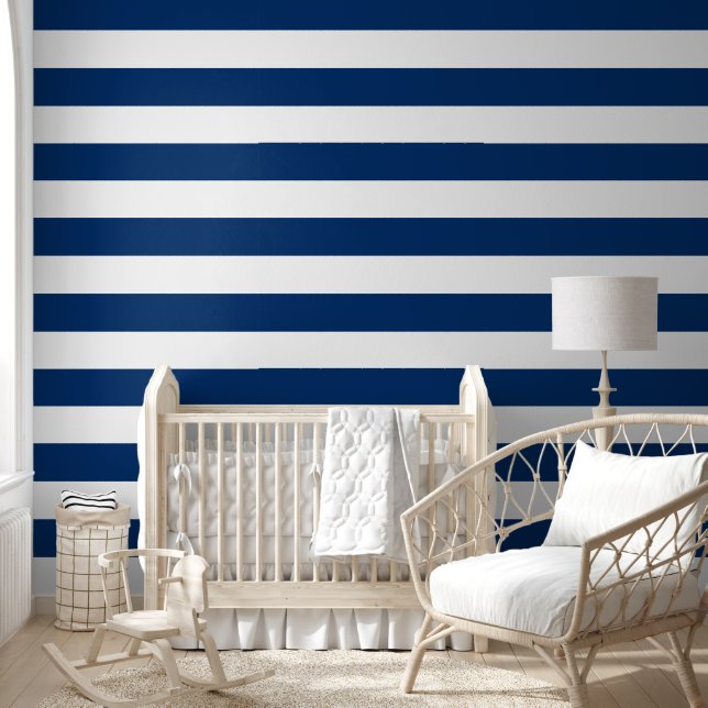 Papier Peint Lignes de bandes horizontales marines bleues blanc (Enfants)