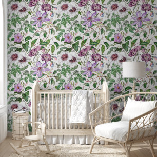 Papier Peint Lilac Vert Blanc Vintage Fleurs botaniques