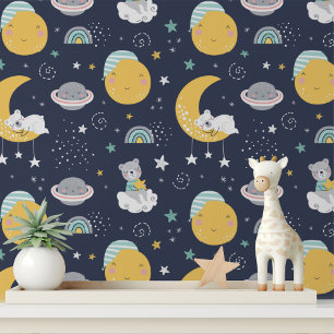 Papier Peint Little Bear Cute Moon Stars Planètes Enfants Motif