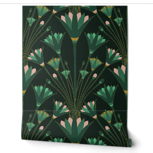 Papier Peint Lotus Art Déco - Lotus à coquilles - Vert émeraude