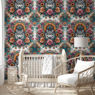 Papier Peint Loup majestueux avec Roses et tournesols