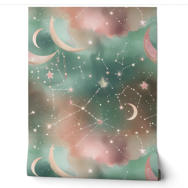 Papier peint - Lune céleste Luxe Vert Sauge Blush (Déroulement)