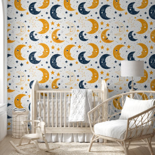 Papier Peint Lune jaune bleu et étoiles