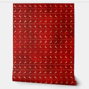 Papier Peint Luxe Chic Gold Reindeer Fêtes de Noël Rouge