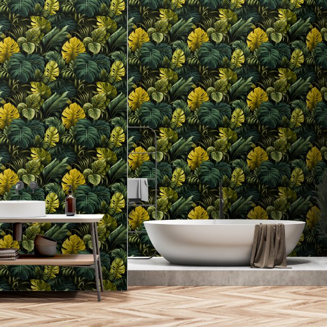 Papier Peint Luxueux Feuilles tropicaux Dark Green (Salle de bain)