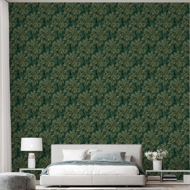 Papier Peint Luxury Green Gold Monstera Palm Botanical Jungle (Chambre à coucher)