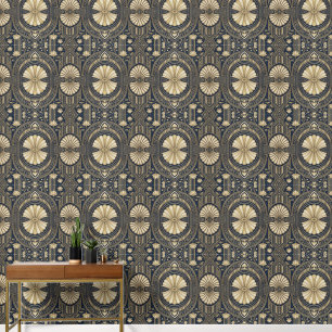Papier Peint Mandala Lotus Art Déco Navy et Or Patte Géométriqu