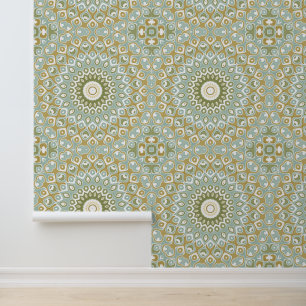 Papier Peint Mandala Terrien en Vert, Or et Bleu Clair