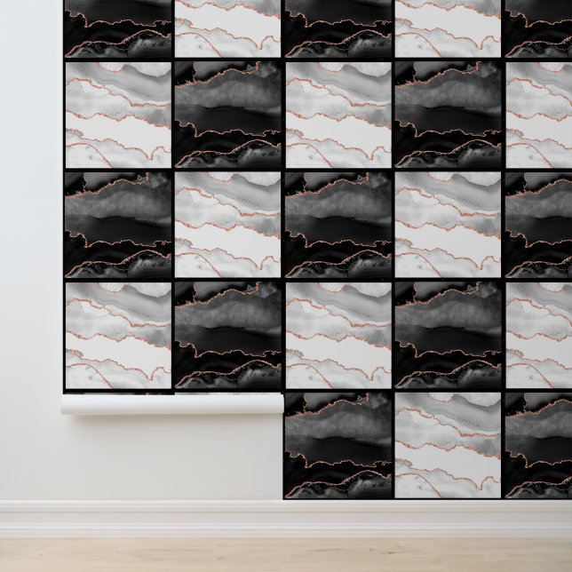Papier Peint Marbre Agate Damier Noir et Blanc  (Application)