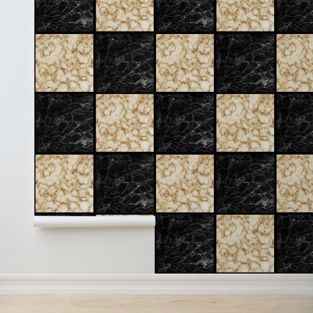 Papier Peint Marbre noir blanc ivoire Checkers or (Application)
