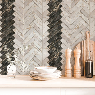 Papier Peint Marbre noir et blanc en chevron Herringbone