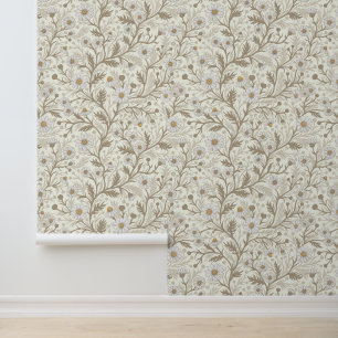 Papier Peint Marguerites en blanc et marron sur fond blanc cass