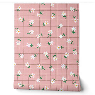 Papier Peint Marguerites sur Carreaux Roses (grande échelle)