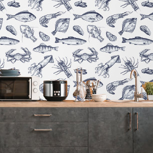 Papier Peint Marine Blue Motif de fruits de mer Cuisine Peel &